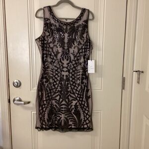 NWT UNIQUE VINTAGE Black Sequin Mini Dress Nude Lining SZ XL 14 $129